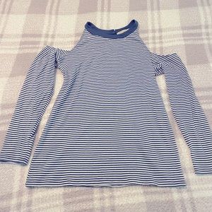 Navy blue and white striped Cold shoulder long sleeve Loft top. Size small. EUC
